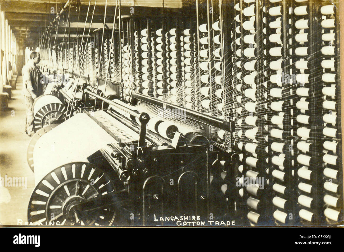 Postcard of Reaming in a Lancashire cotton mill. Stock Photo