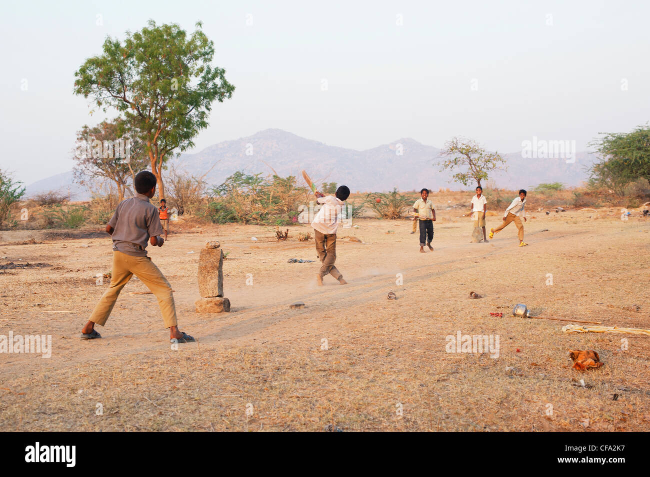 Indian boys playing cricket in the dry indian countryside. Andhra Pradesh, India Stock Photo