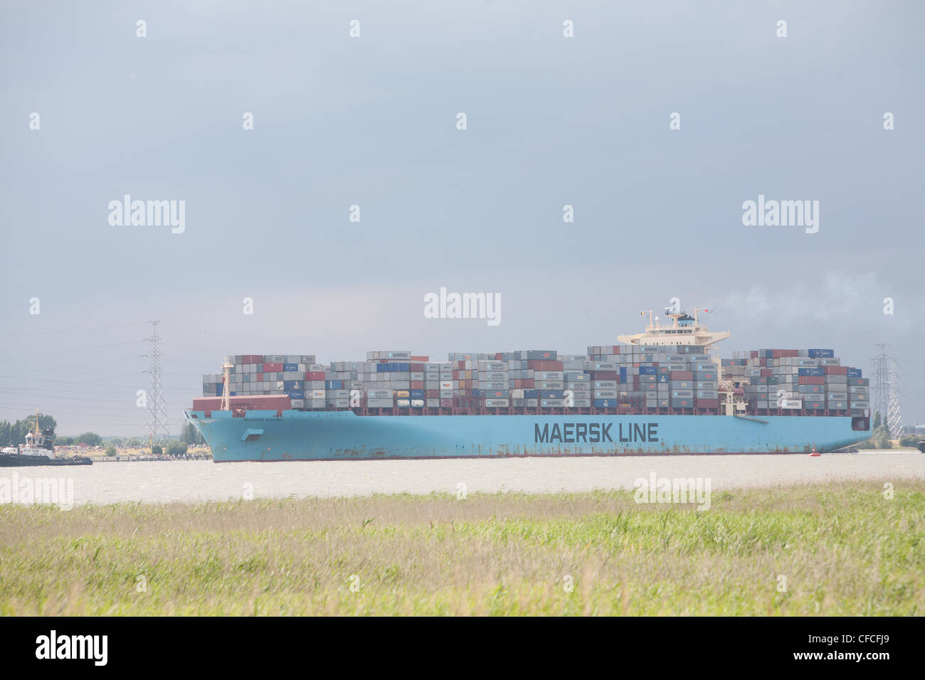 Stock Image of a Maersk line shipping Bulk Freighter pulled into the port of antwerp on the Scheldt by a towing boat Stock Photo