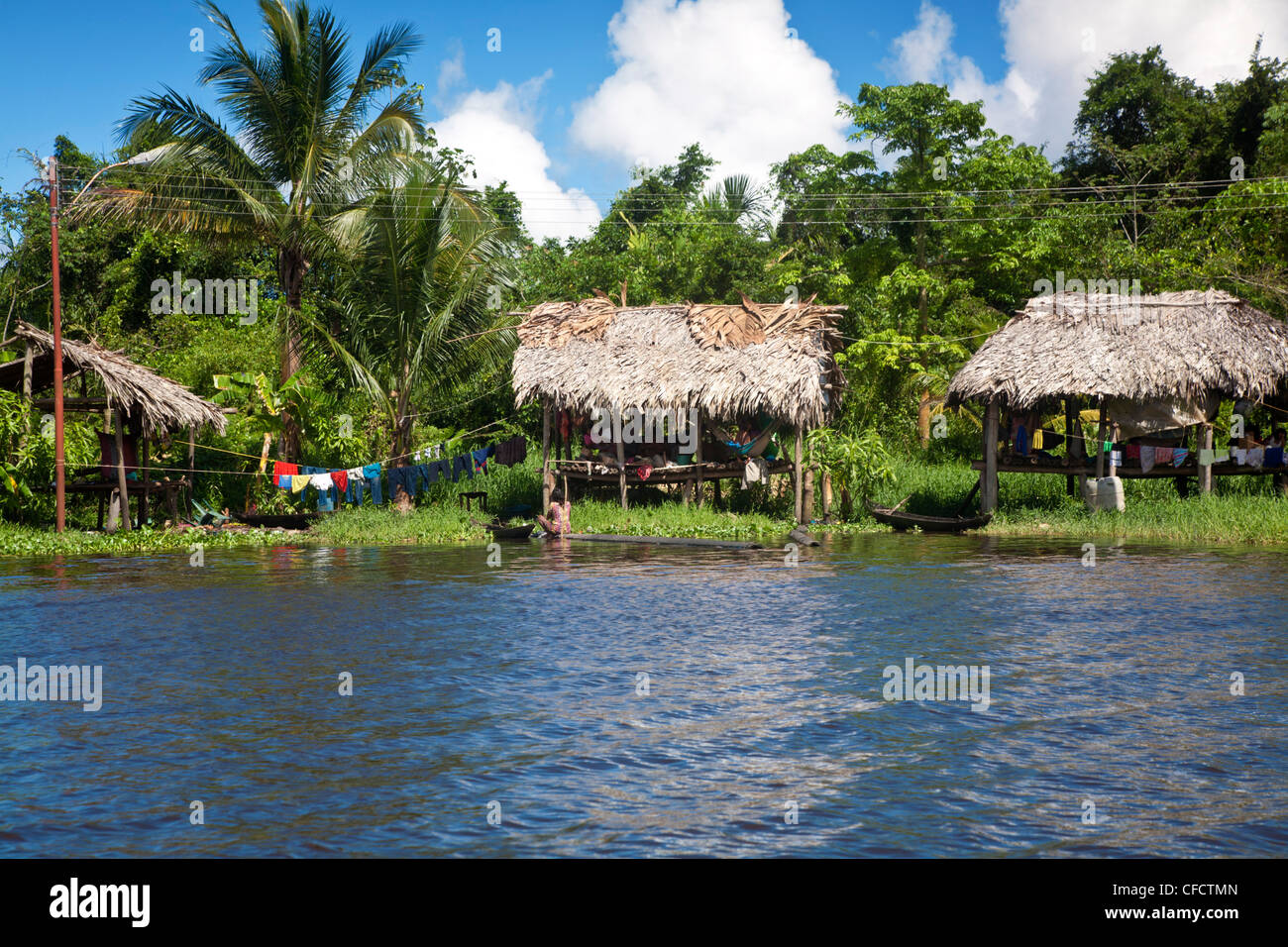 Warao Indian hatched-roof huts built upon stilts, Delta Amacuro, Orinoco Delta, Venezuela, South America Stock Photo