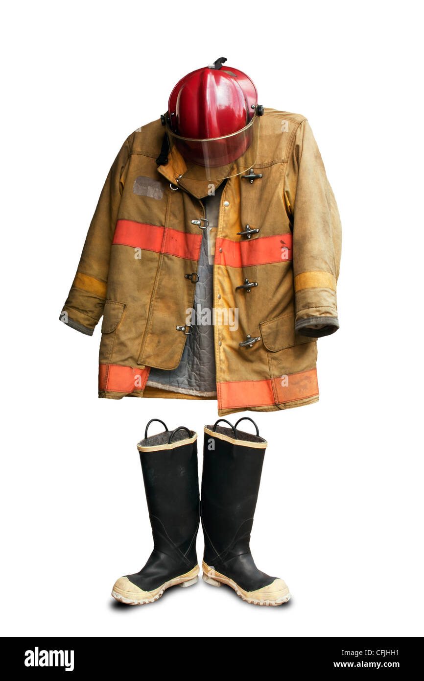 Grunge fireman suit isolated on white background Stock Photo