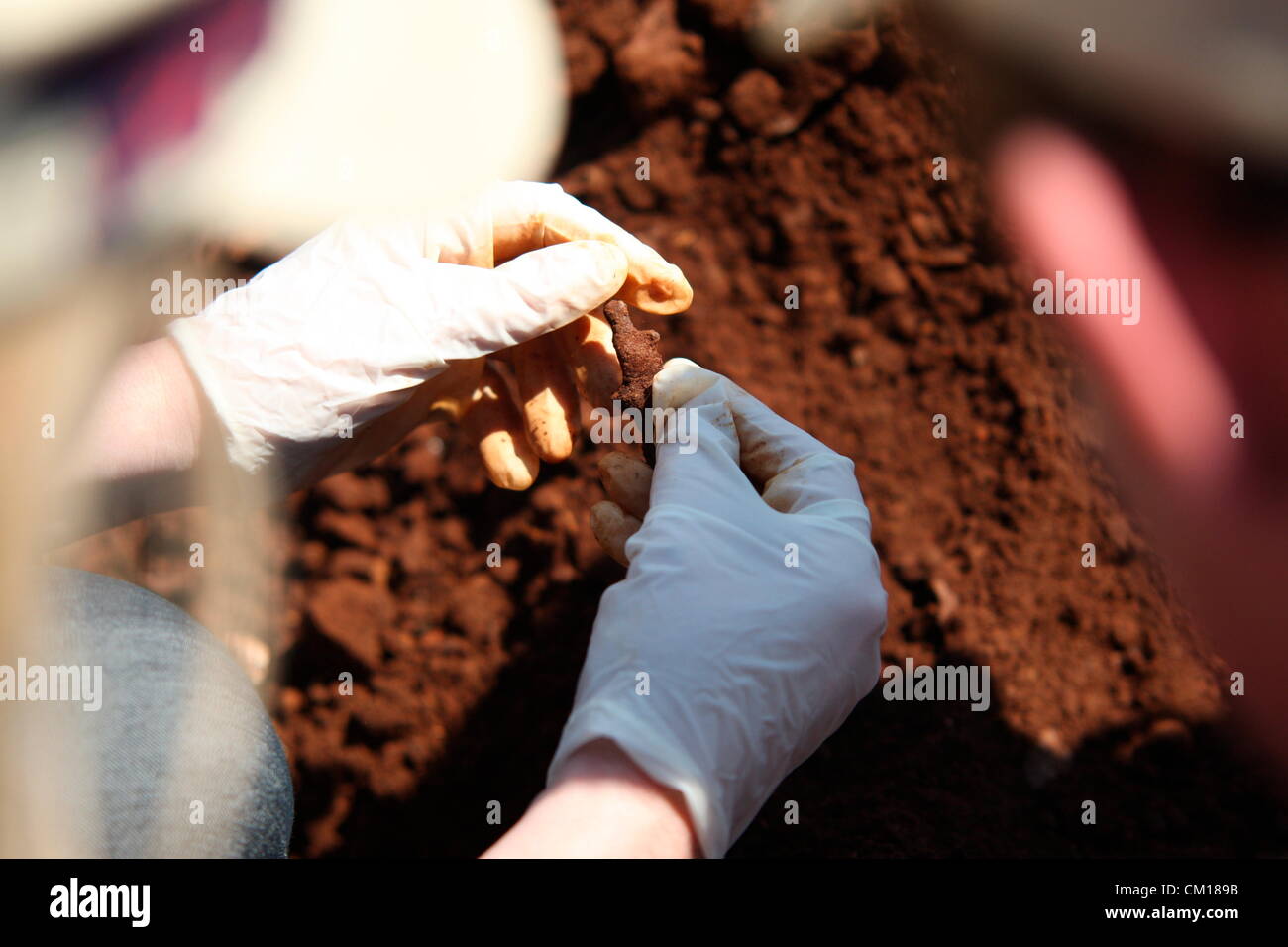 Soweto, South Africa. 11th September 2012. Bones believed to be those of Nceba Sinuma being exhumed on September 11, 2012 at Avalon Cemetery in Soweto, South Africa. Sinuma was one of the “Mofolo 3” who were killed by apartheid agents in a security operation in 1989. The Mofolo 3 were members of the Soweto Youth Congress and were involved in underground uMkhonto weSizwe activities. The body exhumed will be sent for DNA testing. (Photo by Gallo Images / Sowetan / Vathiswa Ruselo/Alamy Live News) Stock Photo