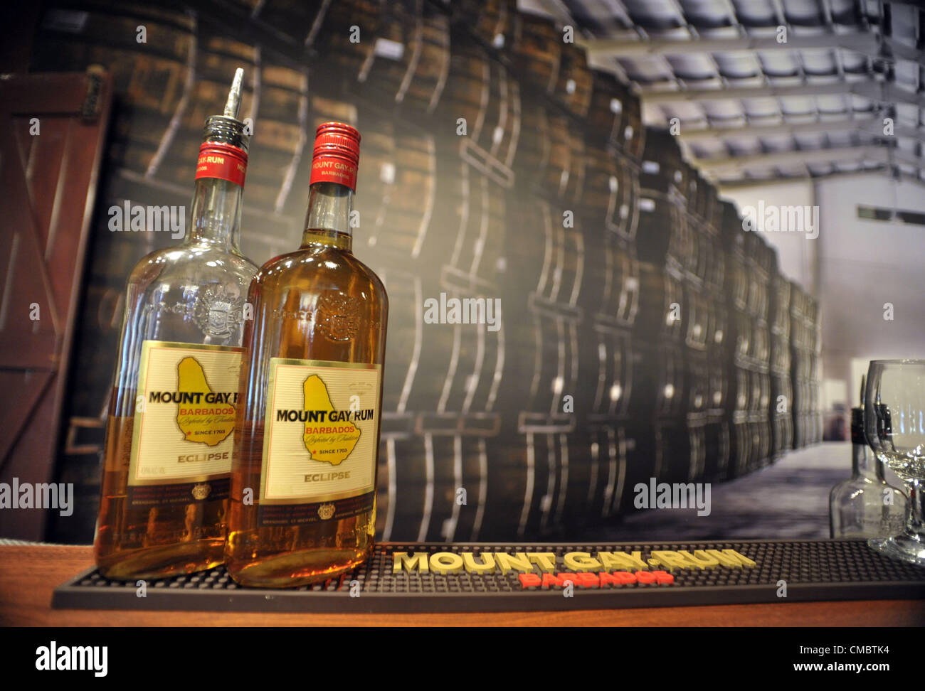 June 12, 2012 - Bridgetown, Barbados, U.S. - Bottles of rum are seen inside the Rum Shop at the Mount Gay Rum Distillery in Bridgetown, Barbados. Mount Gay Rum is the oldest existing brand of rum in the world. (Credit Image: © Josh Edelson/ZUMAPRESS.com) Stock Photo