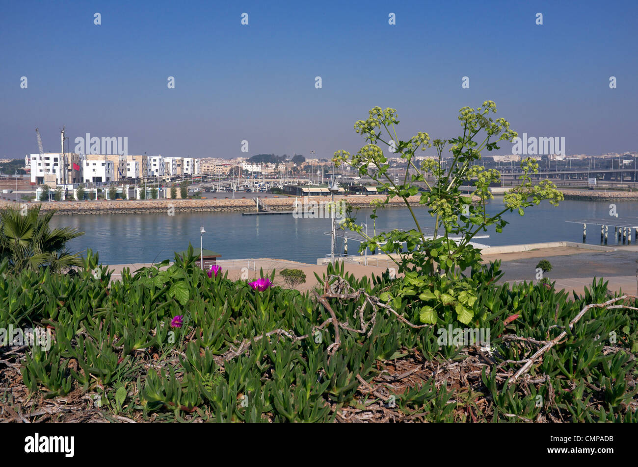 Looking up the Bou Regreg river from Rabat towards Salé with the new viaduct Hassan II on the sky line, Morocco Stock Photo