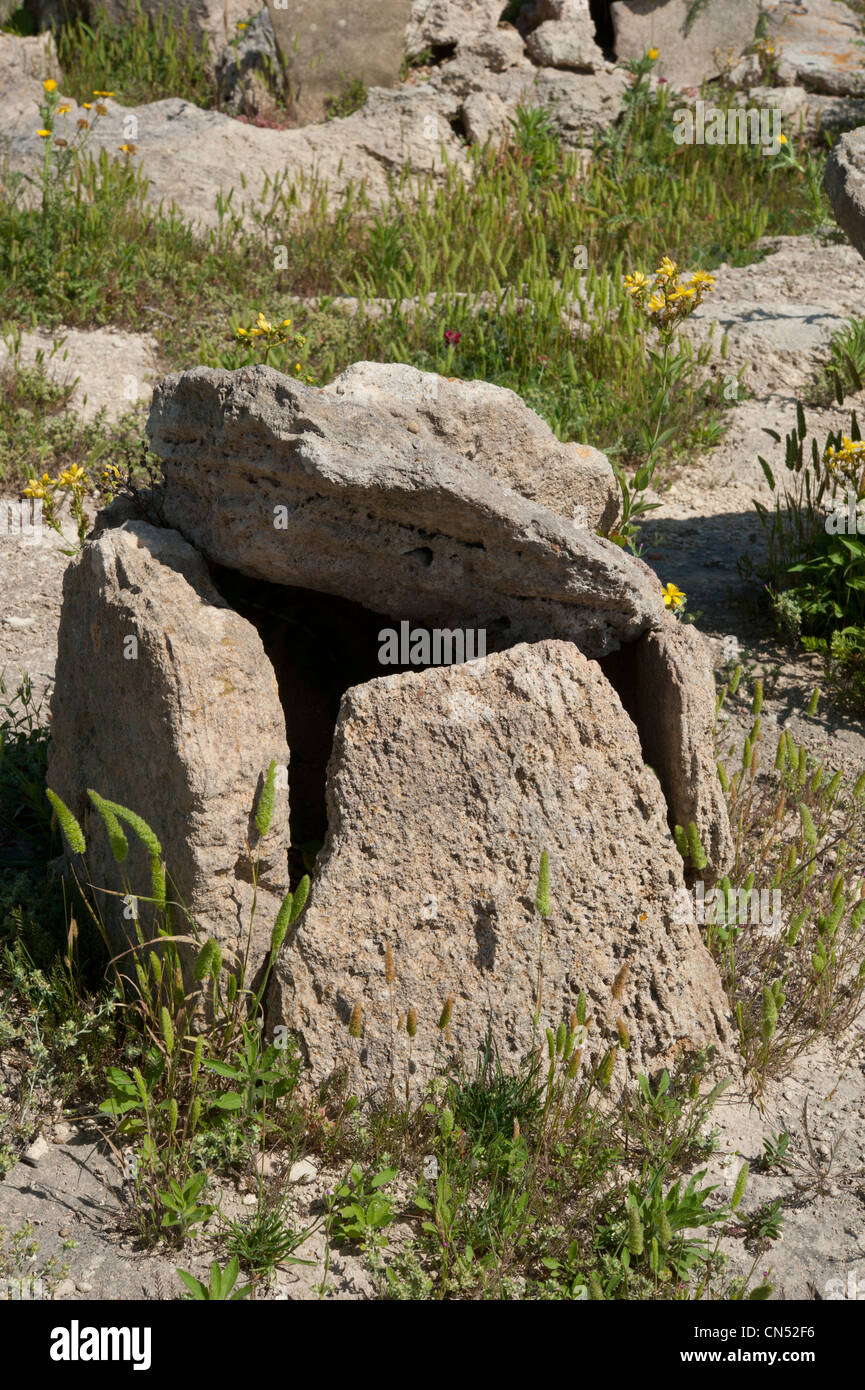 Tophet, an ancient tombstone for children, possibly  sacrificed to Tanit or Ba‘al Hammon, Mozia, Trapani Province, Sicily, Italy Stock Photo