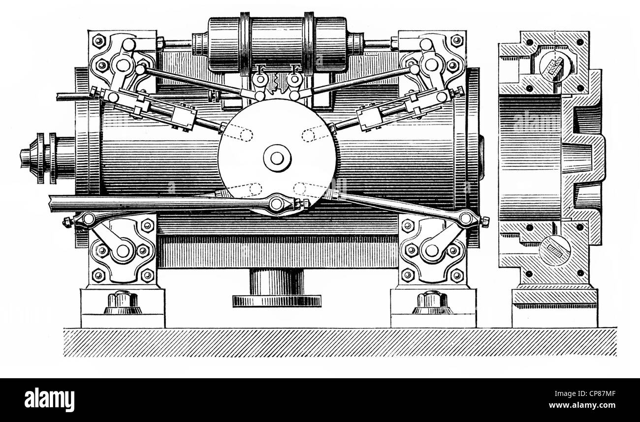 Corliss steam engine by the American engineer George Henry Corliss, control system by Spencer and Iglis, piston heat steam engin Stock Photo