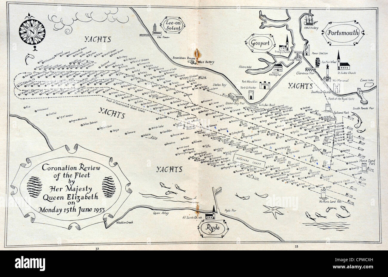 Layout of all the ships...Coronation Naval Fleet Review programme at Spithead near Portsmouth for Queen Elizabeth II from 1953. Stock Photo