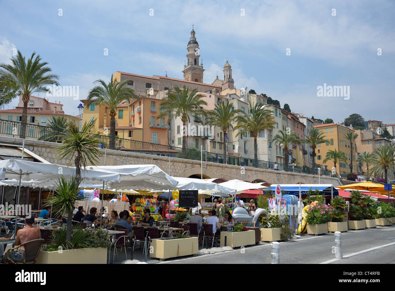 View of old town and quayside restaurants, Menton, Côte d'Azur, Alpes-Maritimes, Provence-Alpes-Côte d'Azur, France Stock Photo