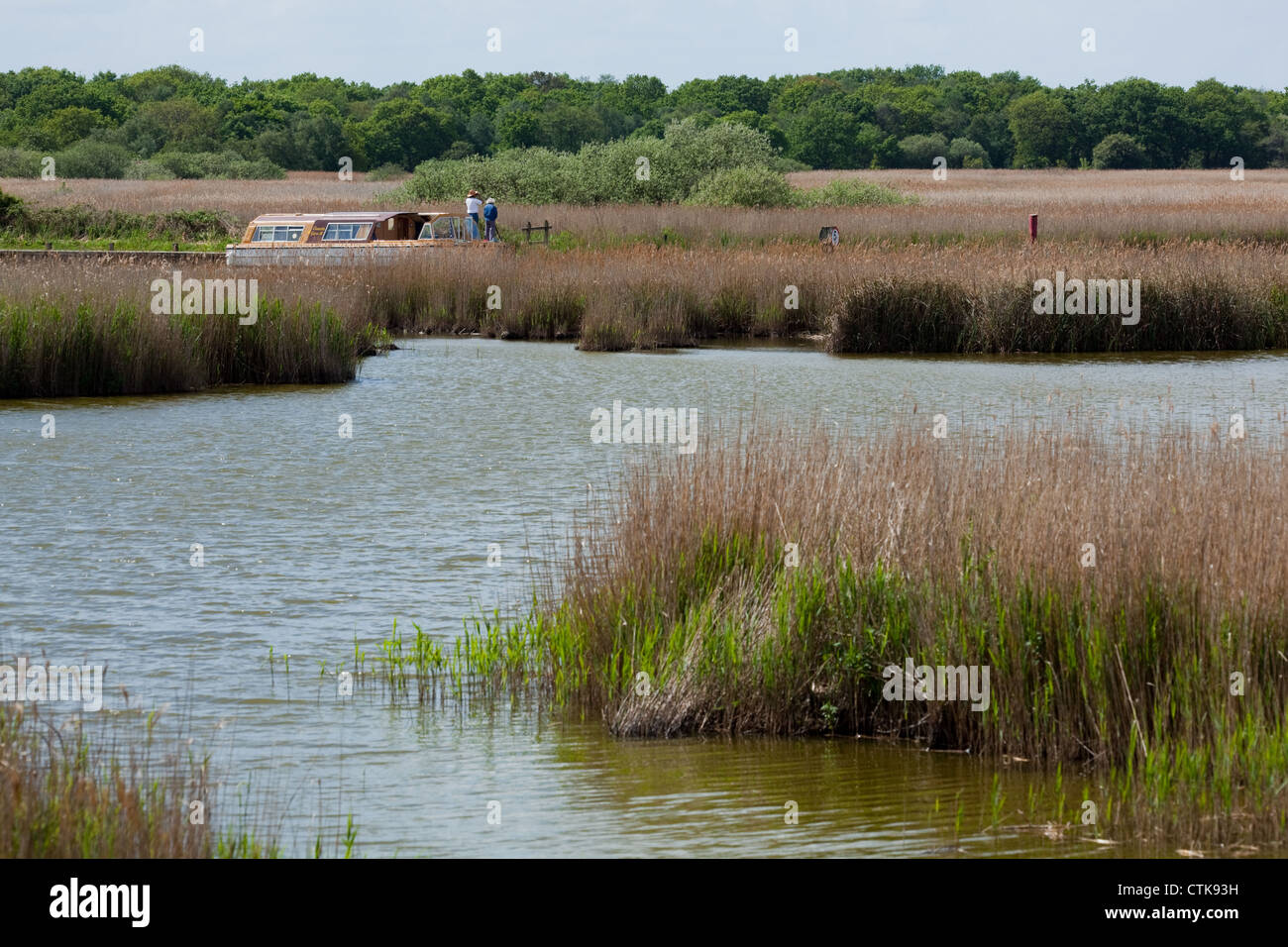 Norfolk Broads. Hickling, largest of the Broads. Boat cruiser with holiday makers watching bird life across reed beds. Stock Photo