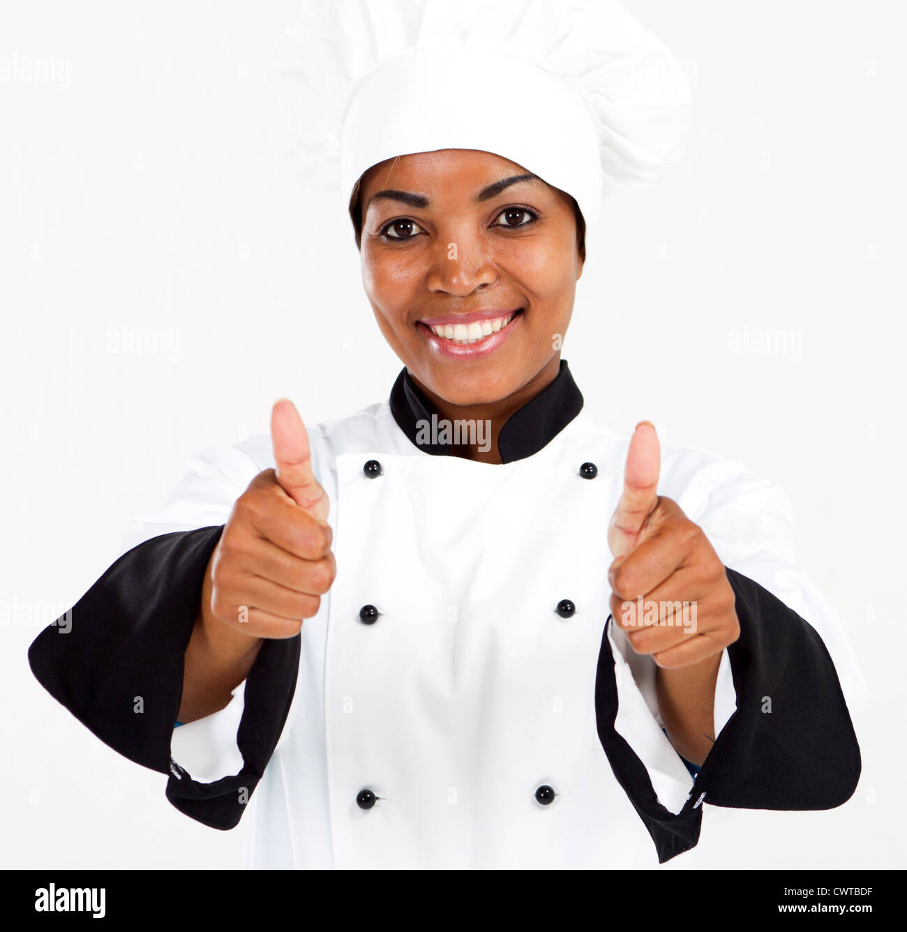 female african american chef thumbs up on white Stock Photo