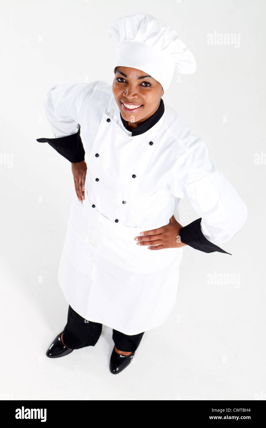 overhead view of african american chef on white Stock Photo