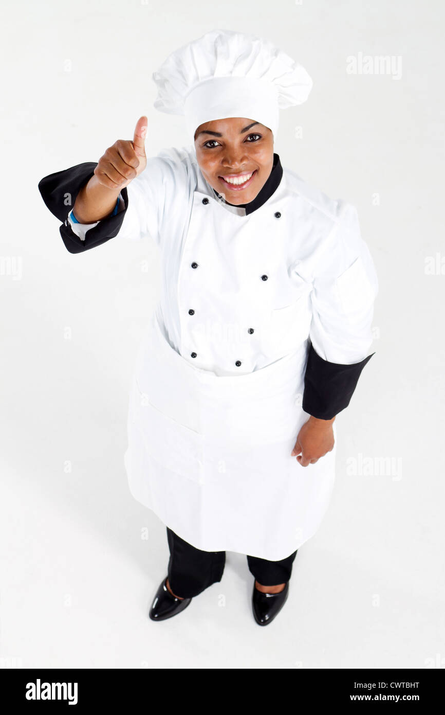 overhead view of african american chef thumb up Stock Photo