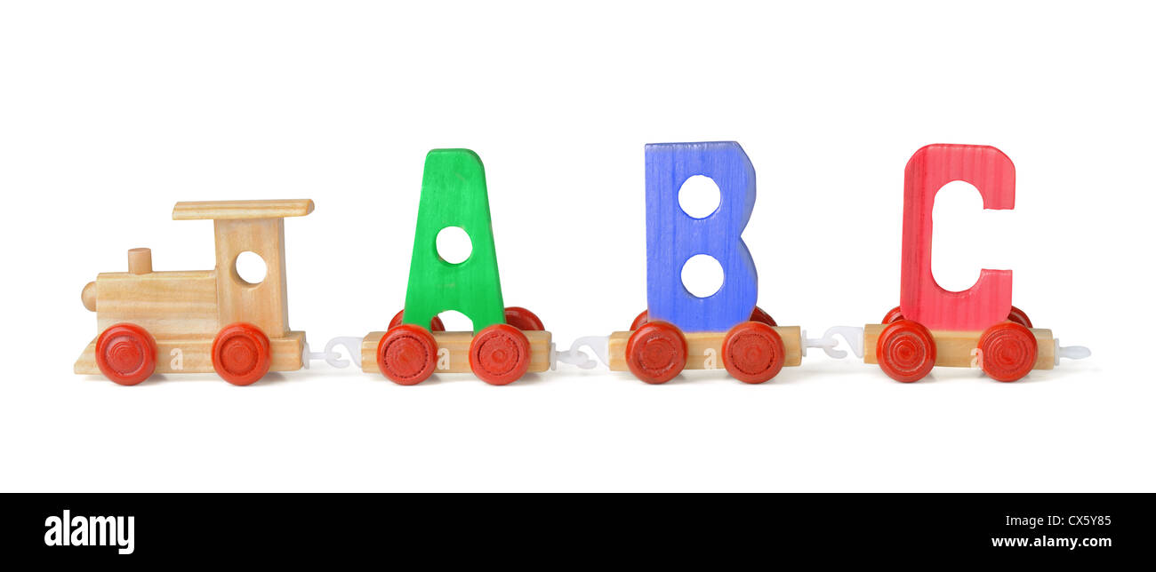 Wooden toy ABC train isolated on white Stock Photo