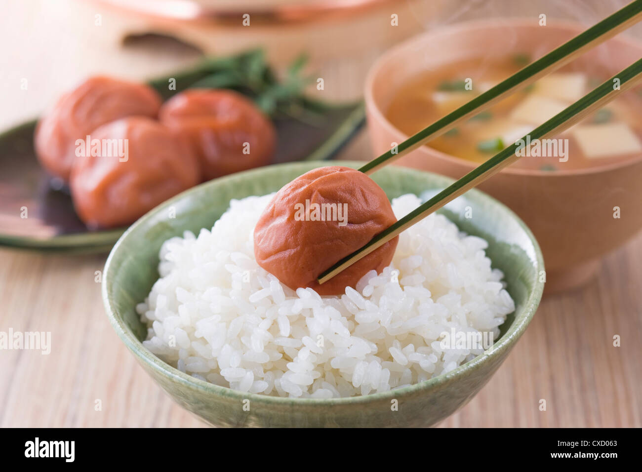 Umeboshi on Steamed Rice Stock Photo