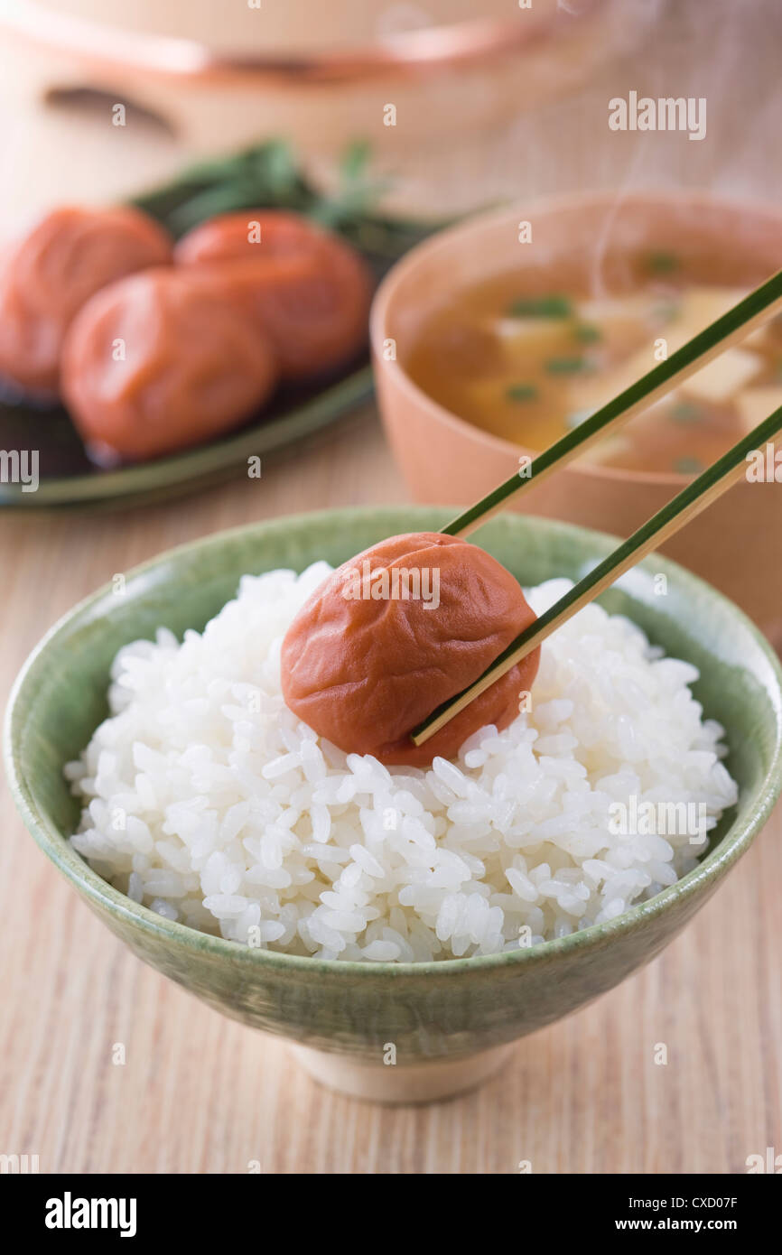 Umeboshi on Steamed Rice Stock Photo