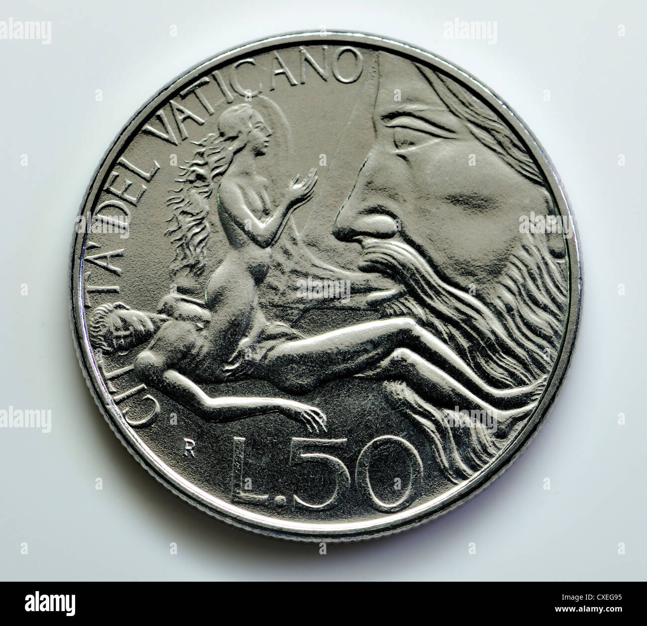 50l coin from Vatican City (1988). God creating Eve from Adam's rib Stock Photo