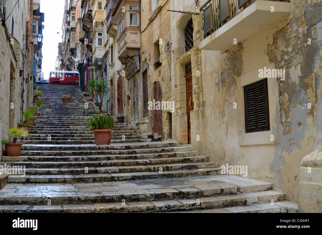 Alleyway with steps, St Lucia Street, old town, Valletta, Malta, Europe Stock Photo