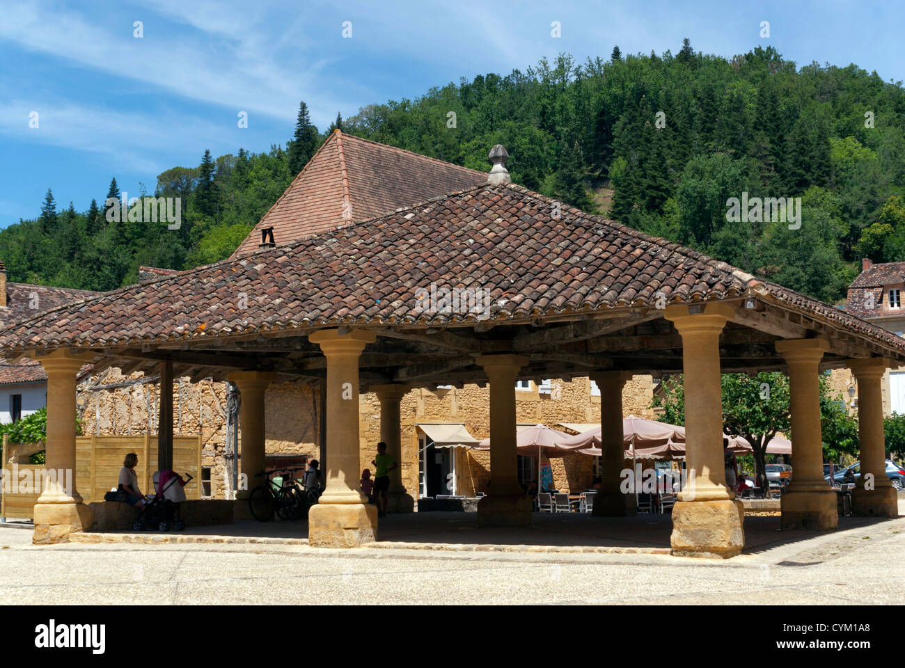 Covered market area in Le Buisson-de-Cadouin, a village in the Dordogne region of France Stock Photo