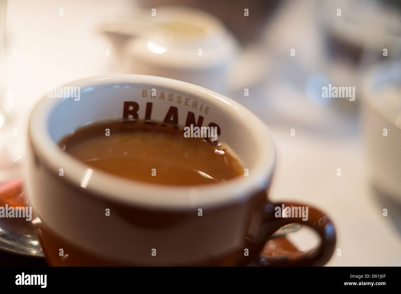 A cup of coffee in the Brasserie Blanc restaurant in Cheltenham, Gloucestershire, UK. Stock Photo