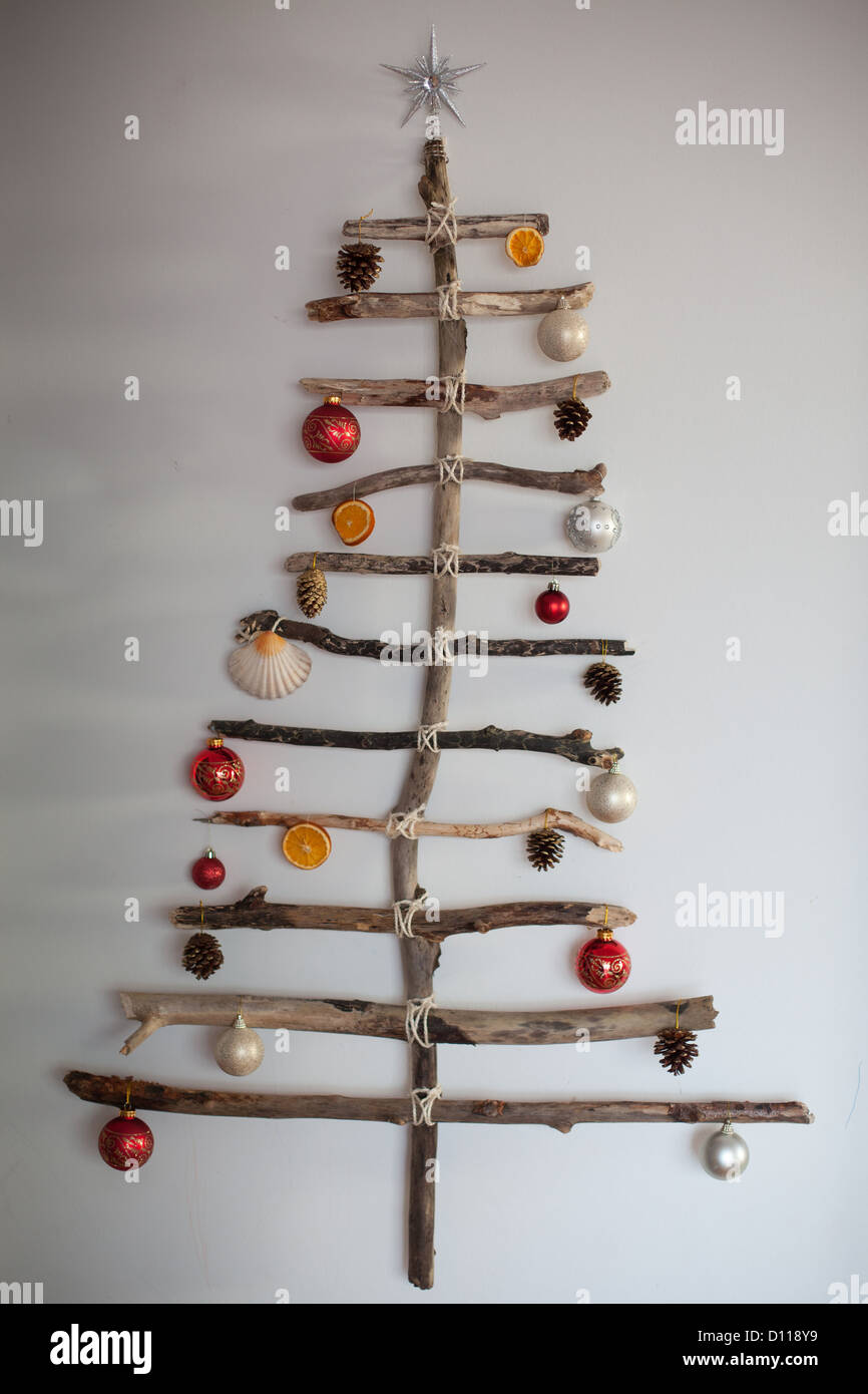 Driftwood Christmas tree made form pieces of driftwood found on the beach and string. Stock Photo