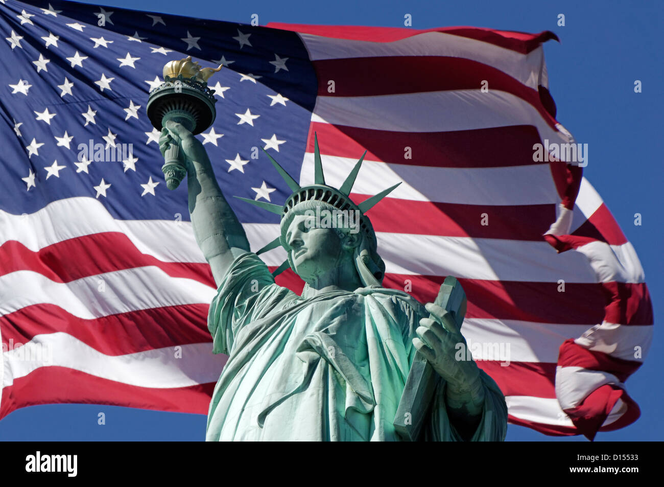 Statue of Liberty, composing with amarican Flag, Liberty Island, New York City, USA Stock Photo