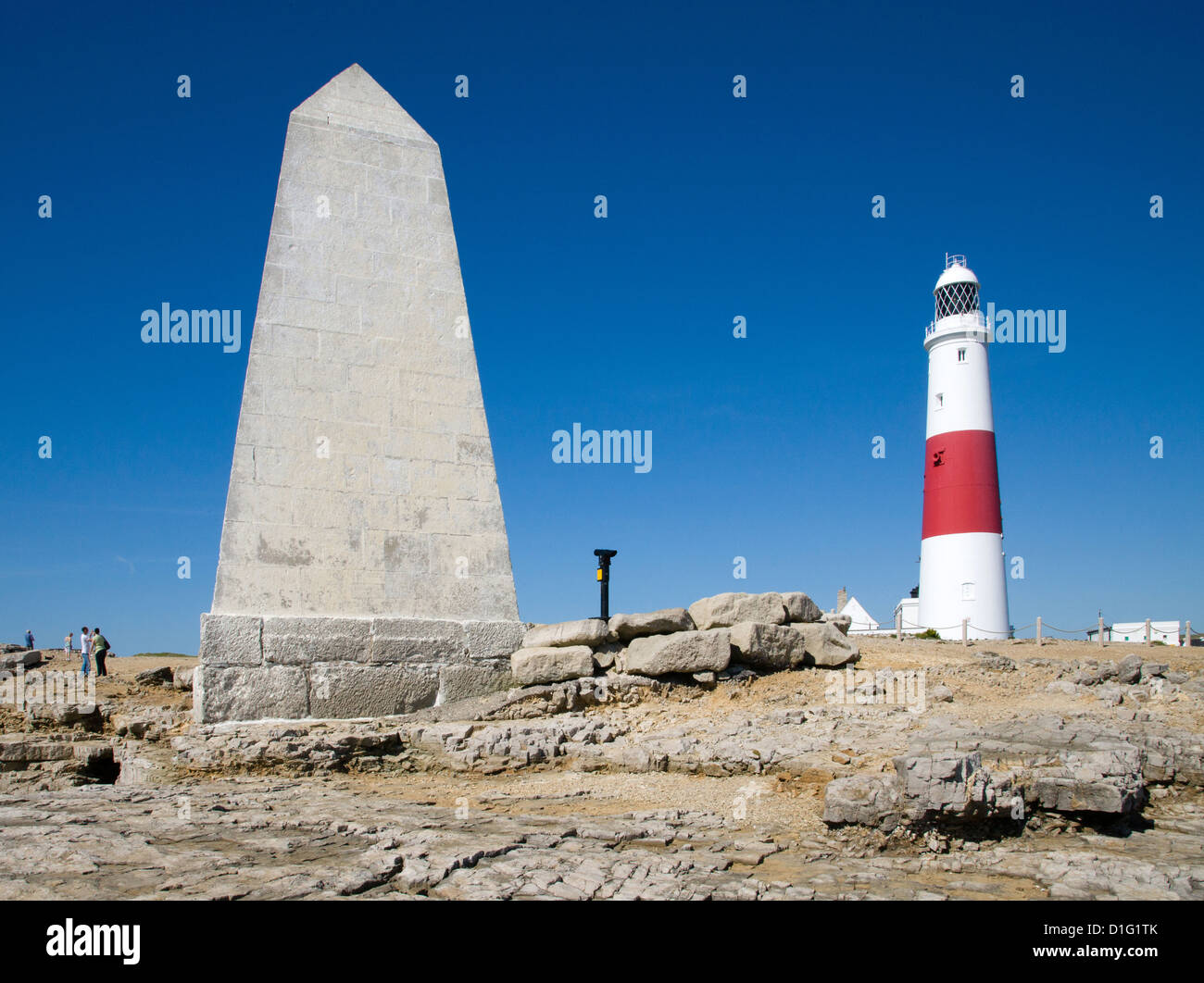 Portland Bill lighthouse and Trinity House Obelisk at the tip of the Isle of Portland on the Dorset coast near Weymouth Stock Photo