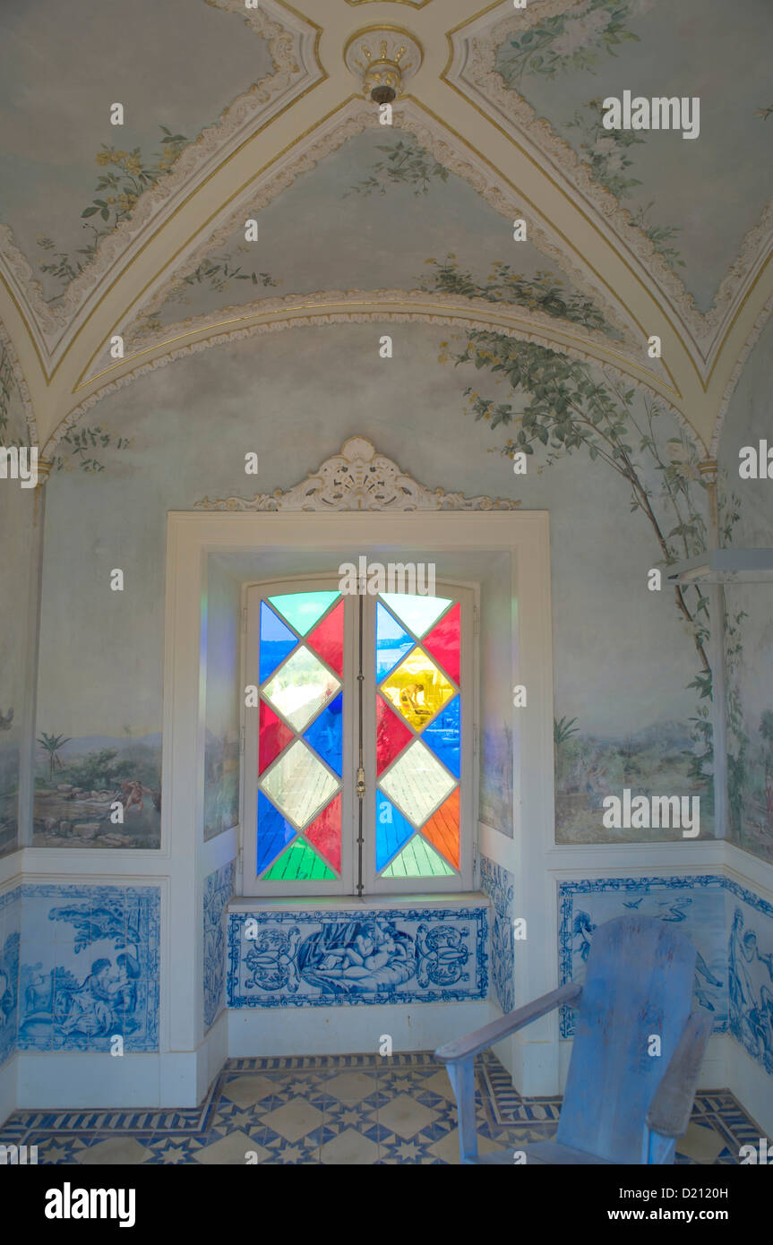 Rococo pavillion with hand painted tiles and colorful window, azulejos, Palacio de Estoi, Estoi, Algarve, Portugal, Europe Stock Photo