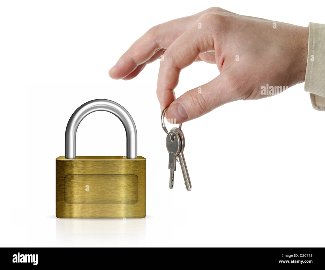 Closed lock with copyspace and man's hand holding set of keys isolated on white Stock Photo