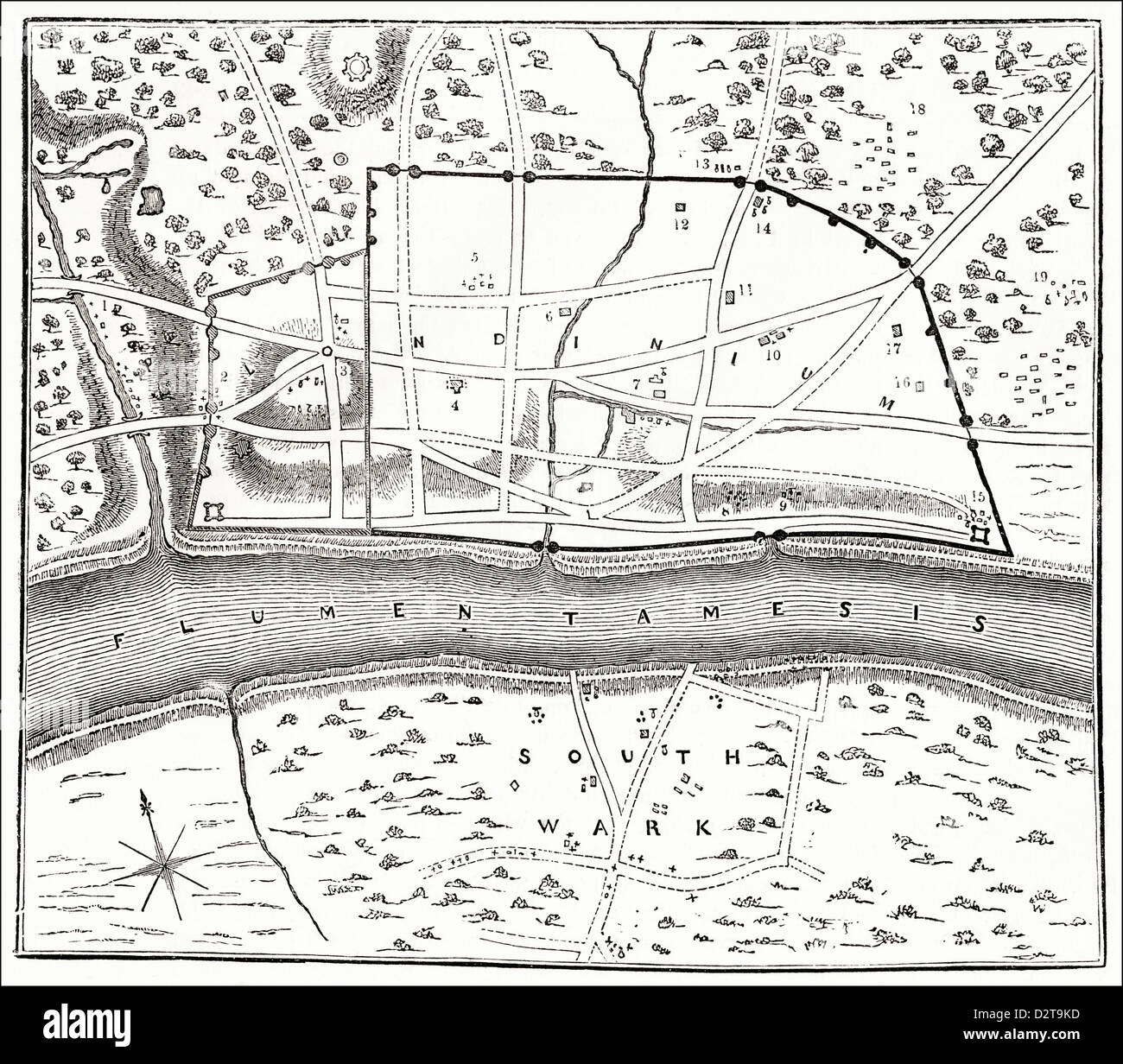 Plan of Roman London showing city walls and River Thames Victorian woodcut engraving circa 1845 Stock Photo