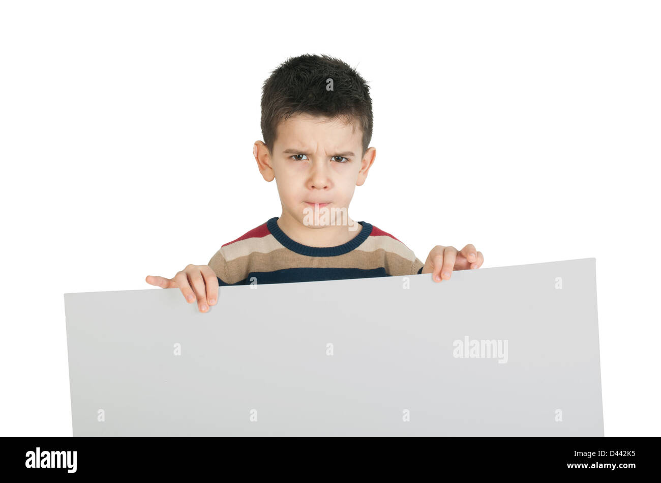 Little boy holding a whiteboard. White isolated studio shot Stock Photo