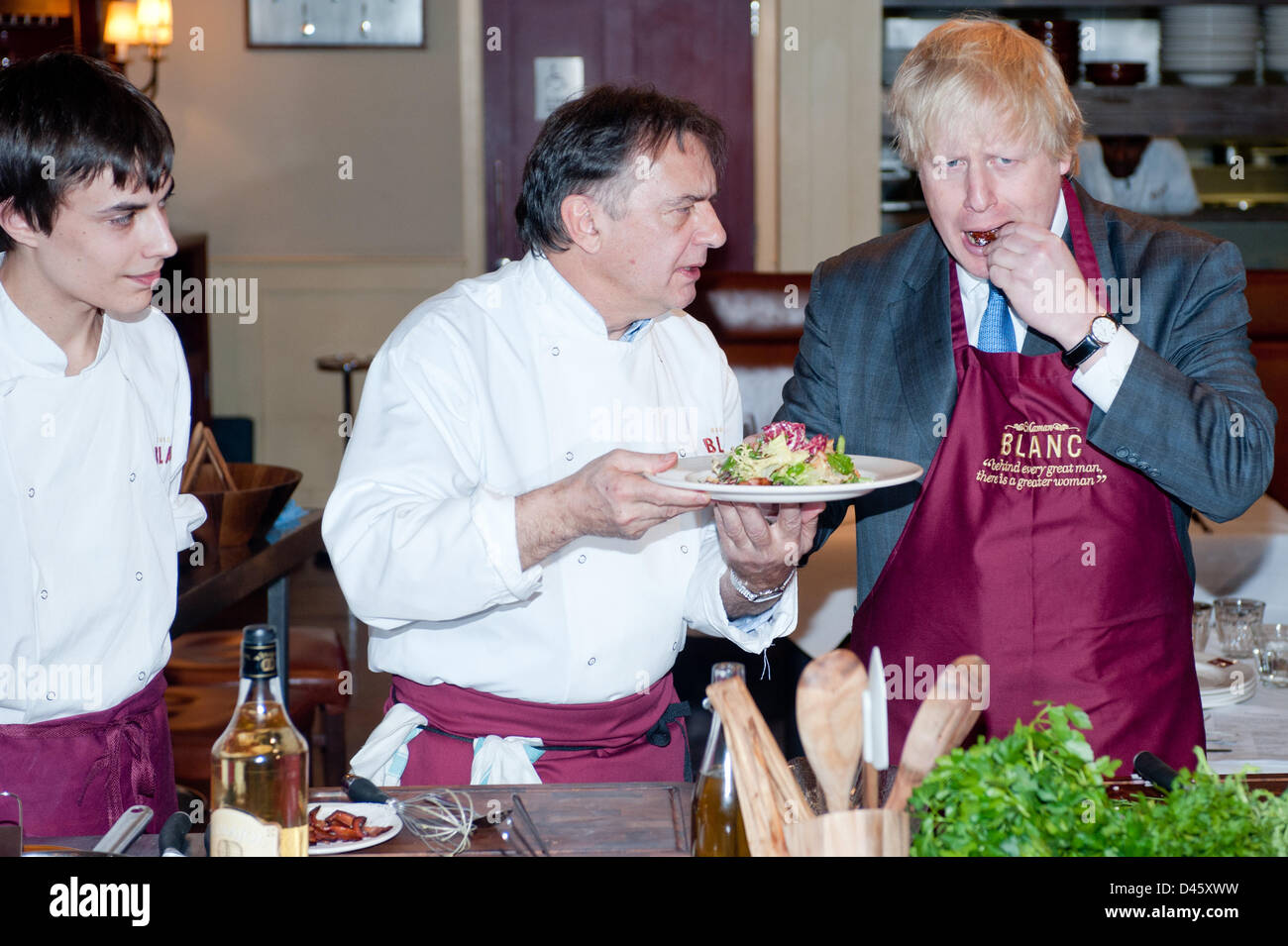 London, UK. 6th March 2013.  Mayor Boris Johnson meets Raymond Blanc and some of his new apprentices hired as part of the top chef and restauranteur's backing of the Mayor's drive to boost apprenticeships in the capital. Credit:  pcruciatti / Alamy Live News Stock Photo