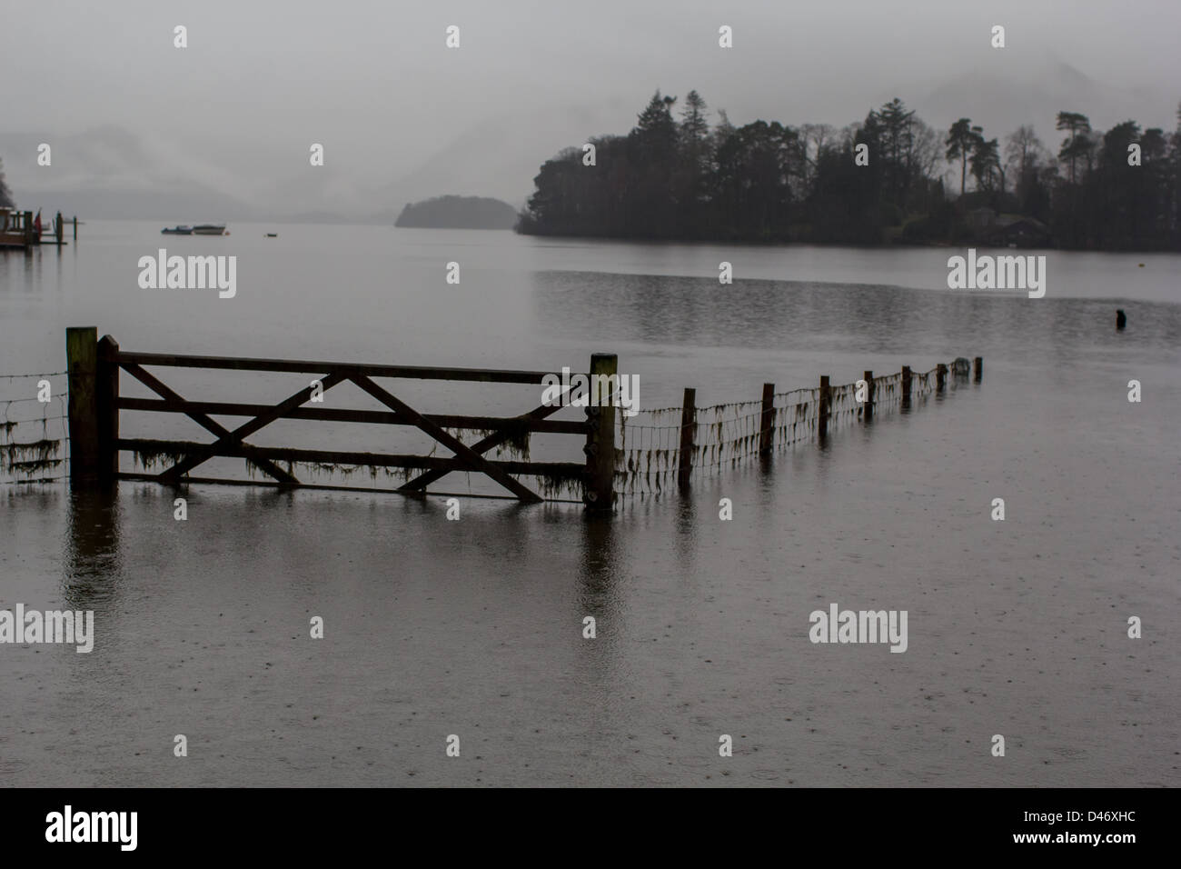 A flooded field on the banks of Derwent Water near Keswick in the Lake District National Park Stock Photo