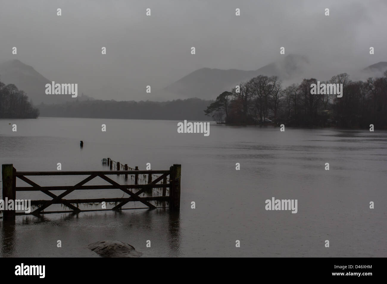 A flooded field on the banks of Derwent Water near Keswick in the Lake District National Park Stock Photo