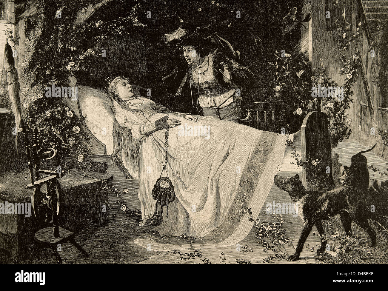 The Sleeping Beauty. The miracle of love. Engraving in The Iberian Illustration, 1885. Stock Photo