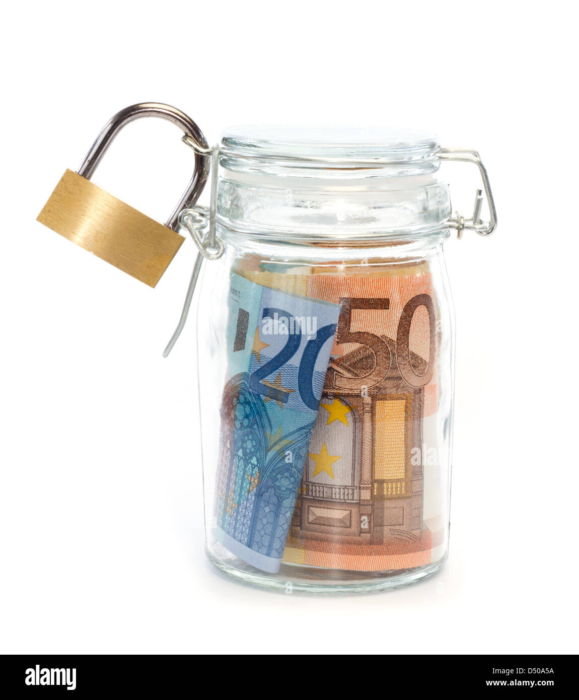 Euro banknotes in sealed jar with padlock against white background Stock Photo