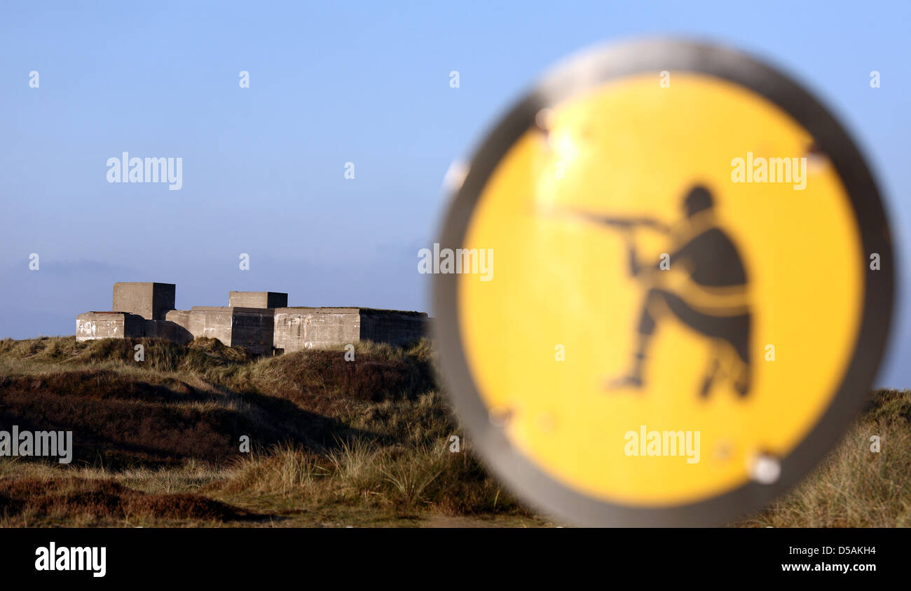 Blavand, Denmark, the Danish Armed Forces warning label on Blåvandshuk Stock Photo