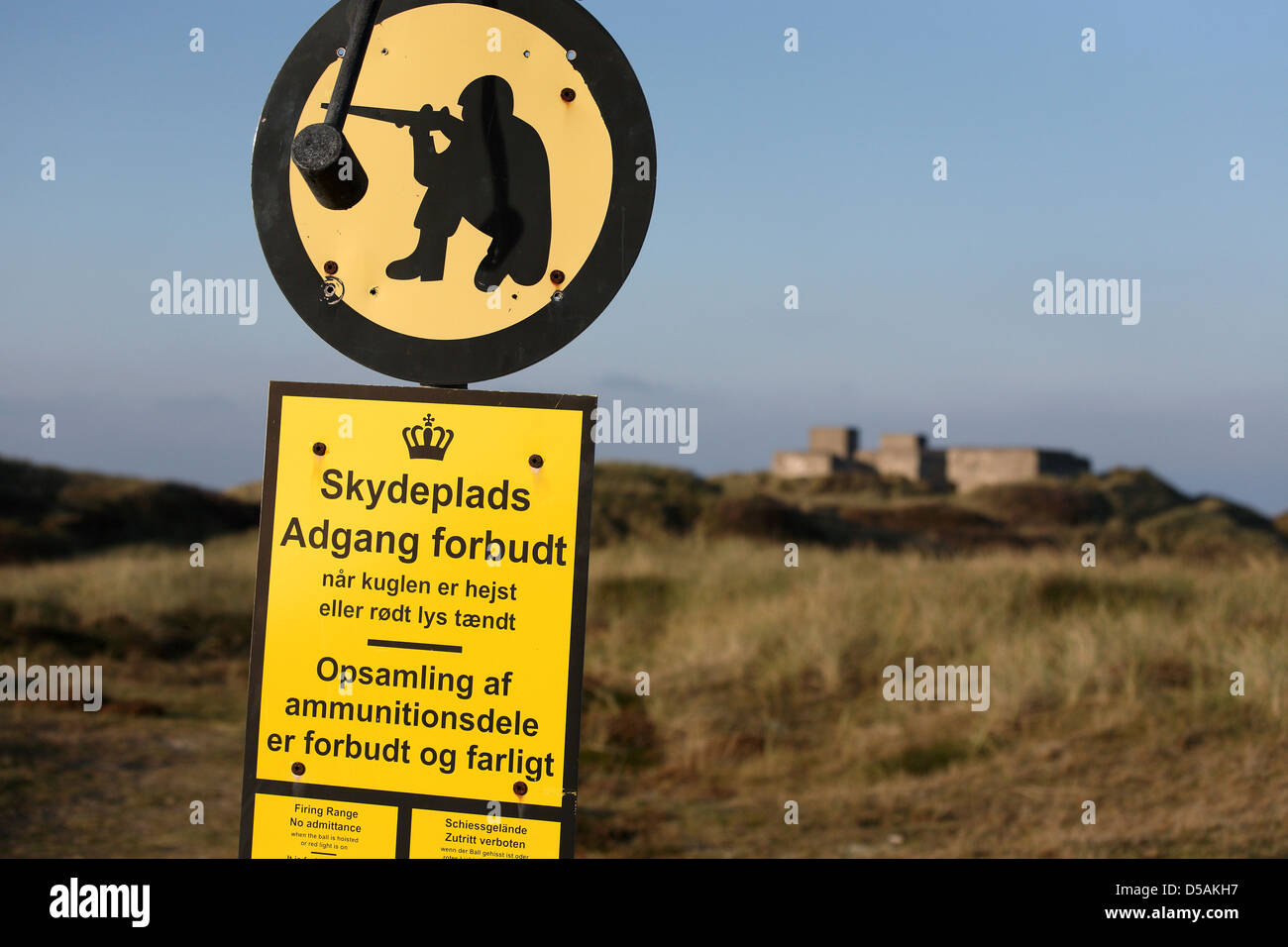 Blavand, Denmark, the Danish Armed Forces warning label on Blåvandshuk Stock Photo