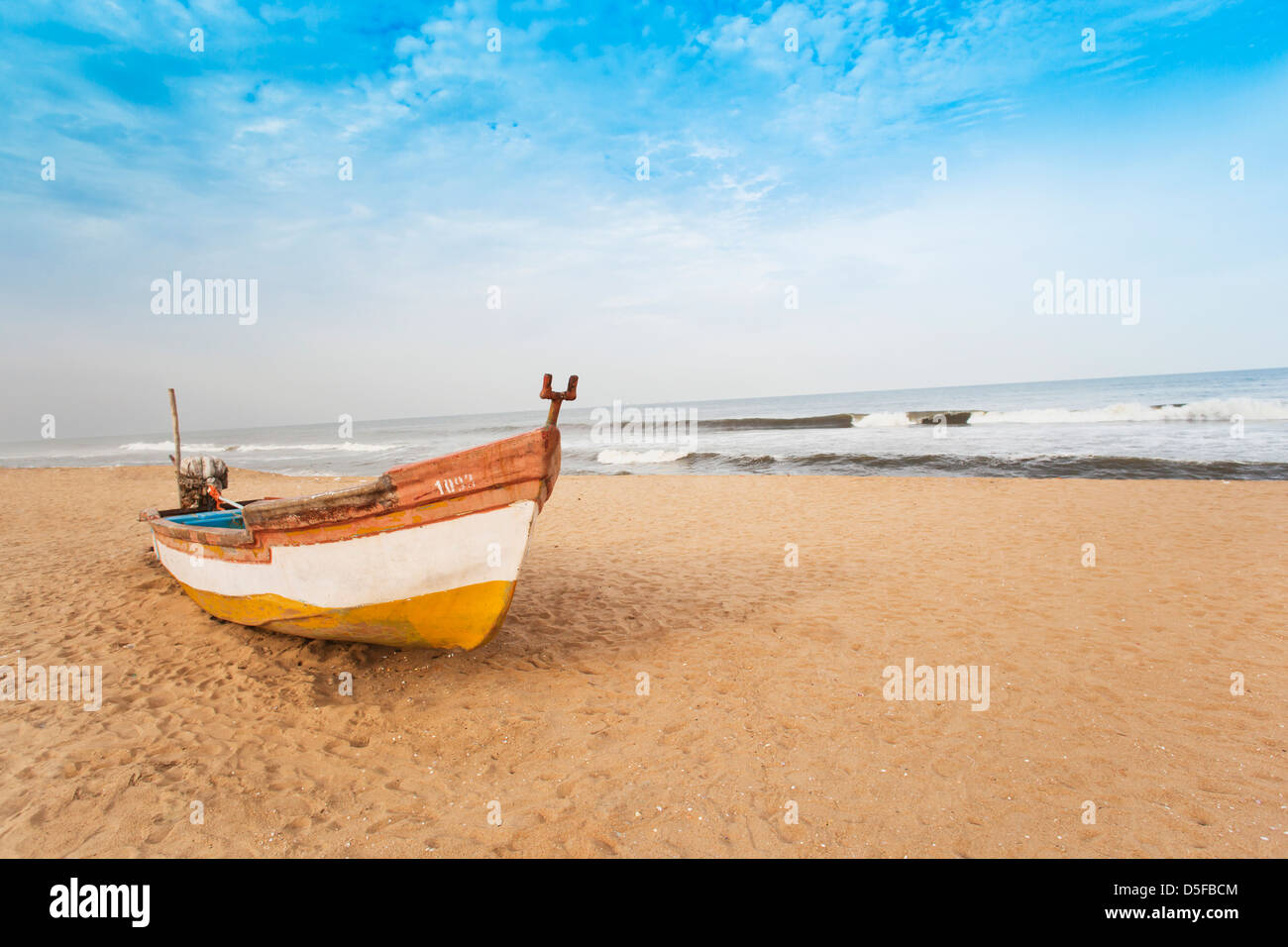 Boat on the beach, Chennai, Tamil Nadu, India Stock Photo