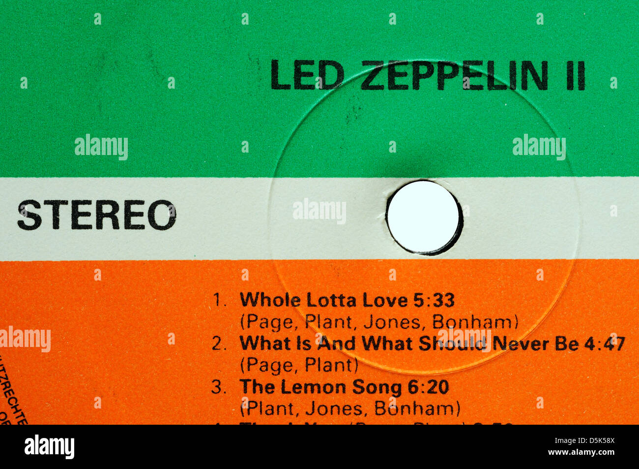 Led Zeppelin's second album Led Zeppelin II record label with classic track Whole Lotta Love Stock Photo