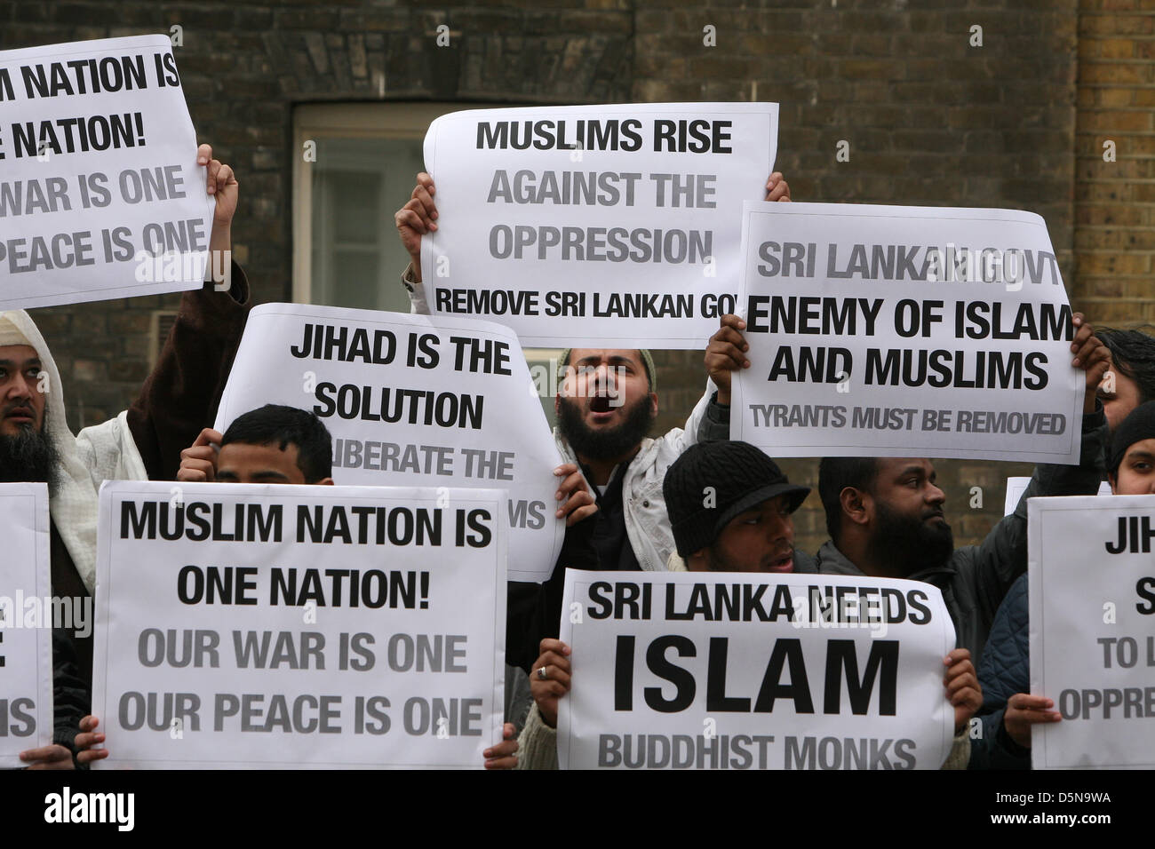 London, UK. 5th April 2013.  Extremist Muslim pressure group protest outside the Sri Lankan embassy. Credit: Mario Mitsis / Alamy Live News Stock Photo