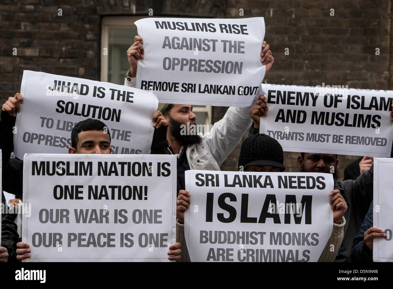 London, UK. 5th April 2013.  Extremist Muslim pressure group protest outside the Sri Lankan embassy. Credit: Mario Mitsis / Alamy Live News Stock Photo