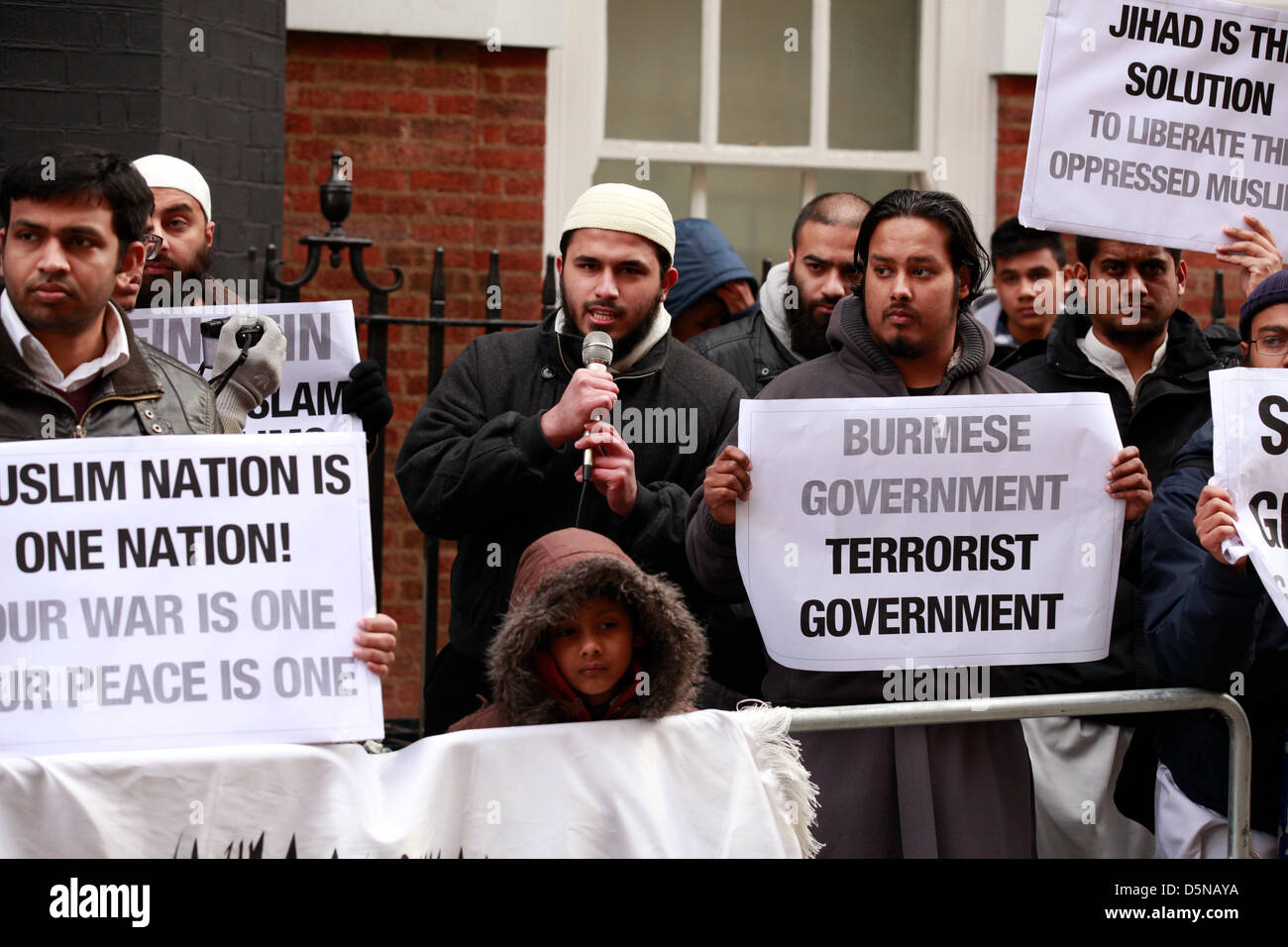 LONDON, 5 April 2013. Muslim demonstration against Burmese and Sri Lankan aggression took place at Hyde Park Gardens (Sri Lanka Embassy) and Charles Street (Burmese Embassy)after.Protesters were chanting slogans and holding banners. Stock Photo