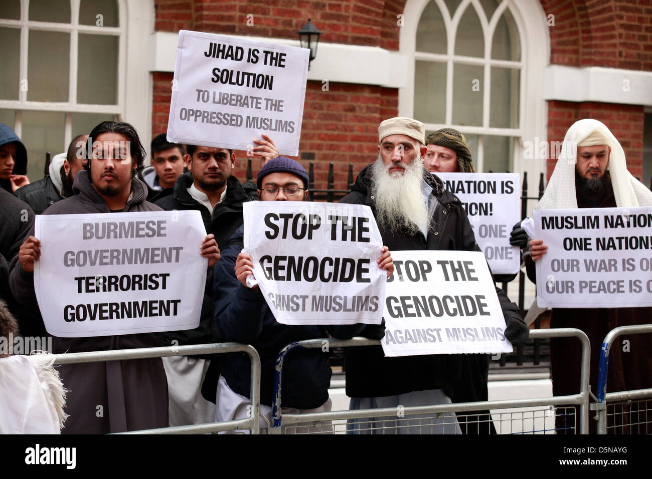 LONDON, 5 April 2013. Muslim demonstration against Burmese and Sri Lankan aggression took place at Hyde Park Gardens (Sri Lanka Embassy) and Charles Street (Burmese Embassy). Protests took place under police supervision. Stock Photo