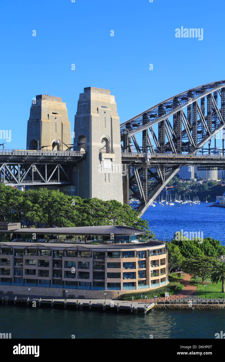 The Sydney Harbour Bridge and the Park Hyatt Sydney Hotel on a sunny day. Stock Photo