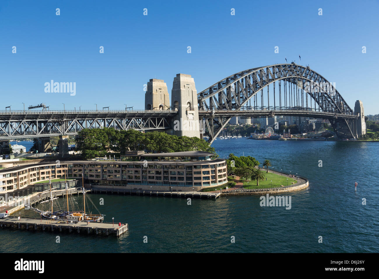 The Sydney Harbour Bridge and the Park Hyatt Sydney Hotel on a sunny day. Stock Photo