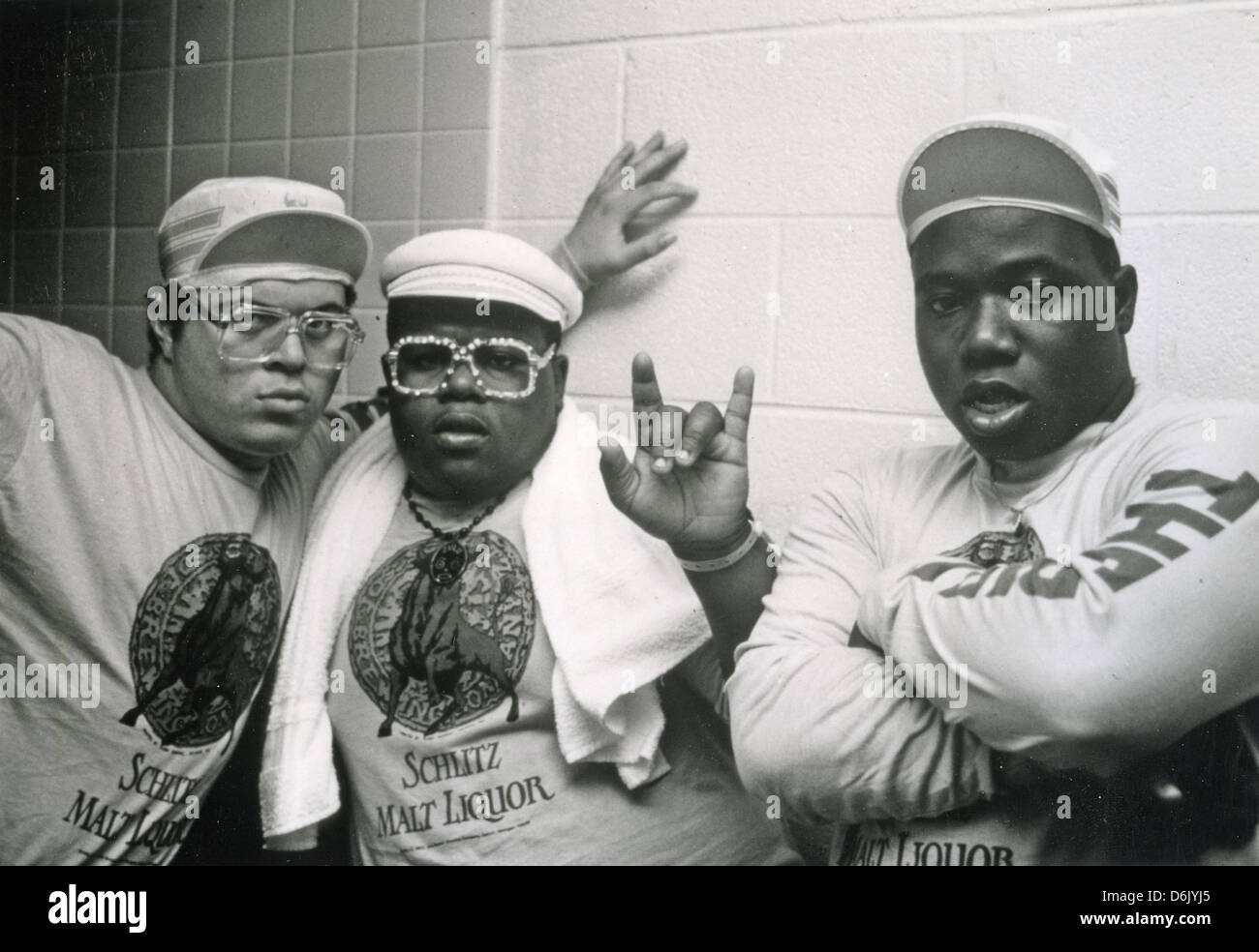 THE FAT BOYS  Promotional photo of US hip hop trio about  1990 with Markie Dee at left Stock Photo