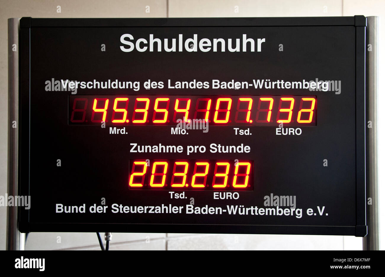 A national debt clock installed by Baden-Wuerttemberg's FDP state parliamentary fraction is on display in Stuttgart, Germany, 24 April 2013. The Baden-Wuerttemberg's FDP fraction has installed a national debt clock in the lobby of the assembly building. Photo: Daniel Bockwoldt Stock Photo