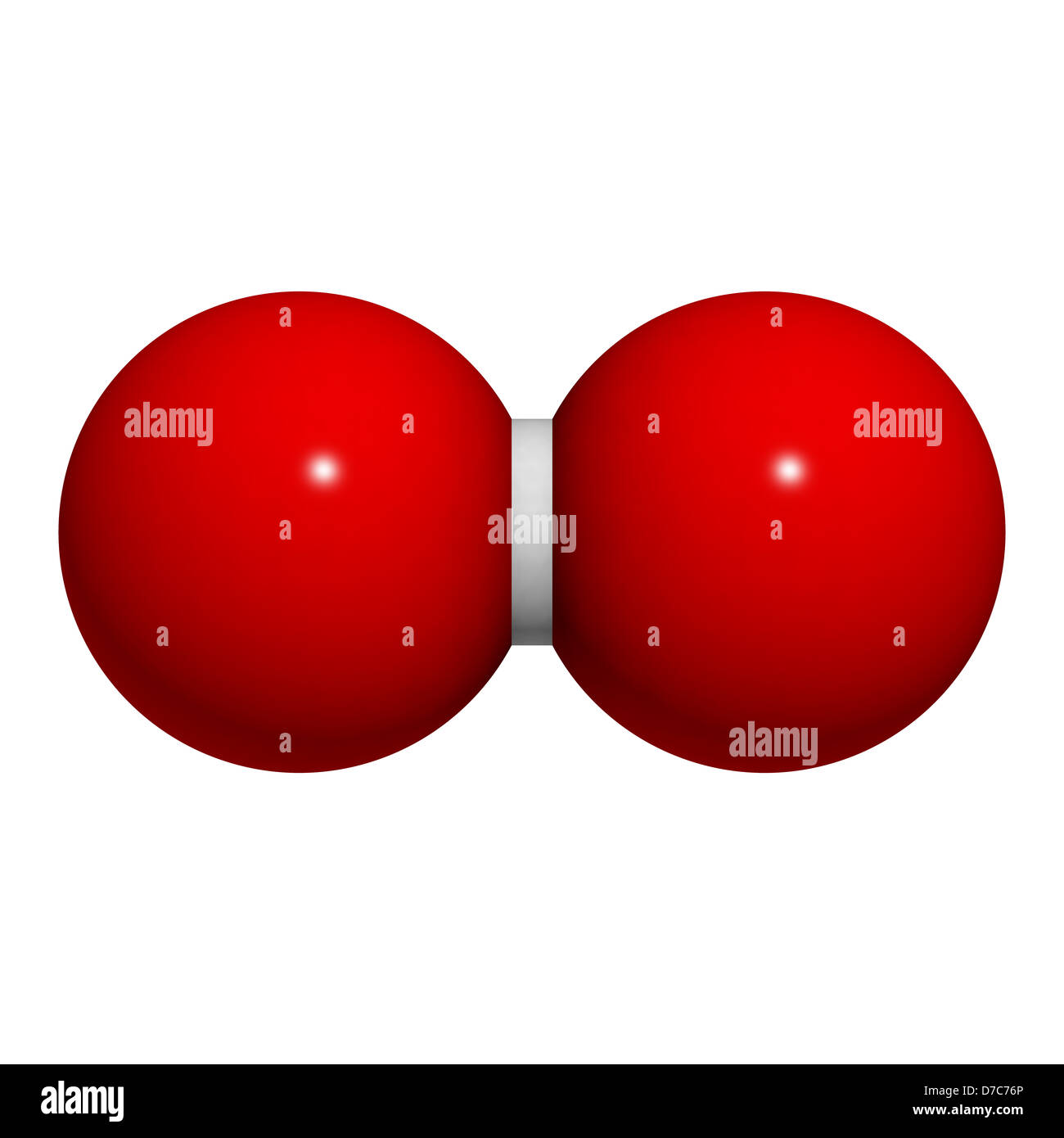 Elemental oxygen (O2), molecular model. Atoms are represented as spheres with conventional color coding: oxygen (red) Stock Photo