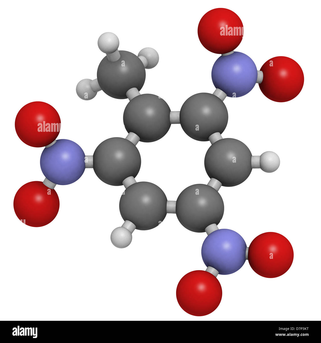 Trinitrotoluene (TNT) explosive molecule, chemical structure. Atoms are represented as spheres with conventional color coding Stock Photo