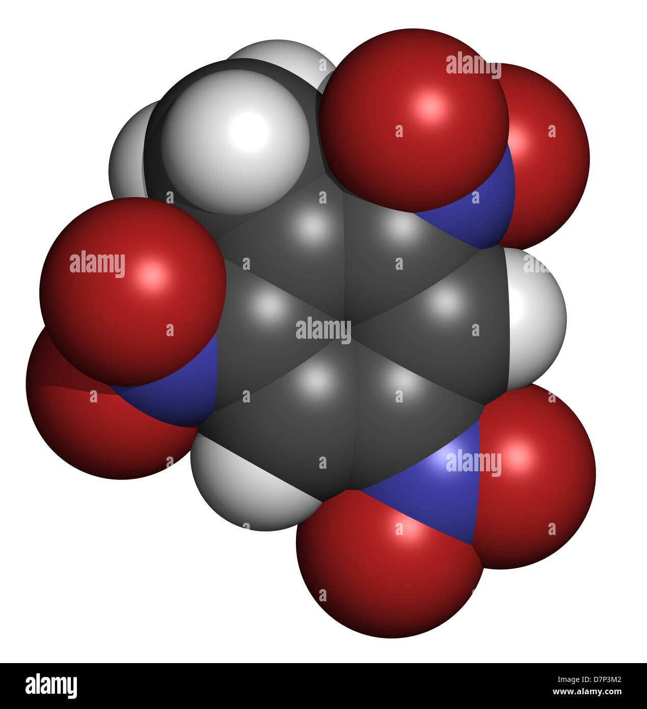 Trinitrotoluene (TNT) explosive molecule, chemical structure. Atoms are represented as spheres with conventional color coding Stock Photo